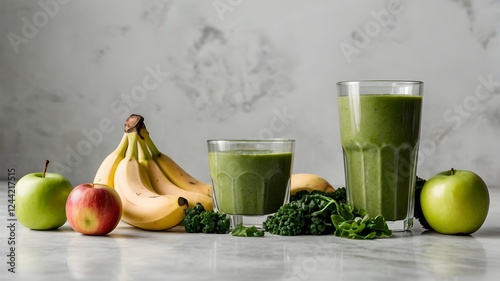 Green smoothie ingredients, healthy drink refreshing homemade organic vegan beverage photo