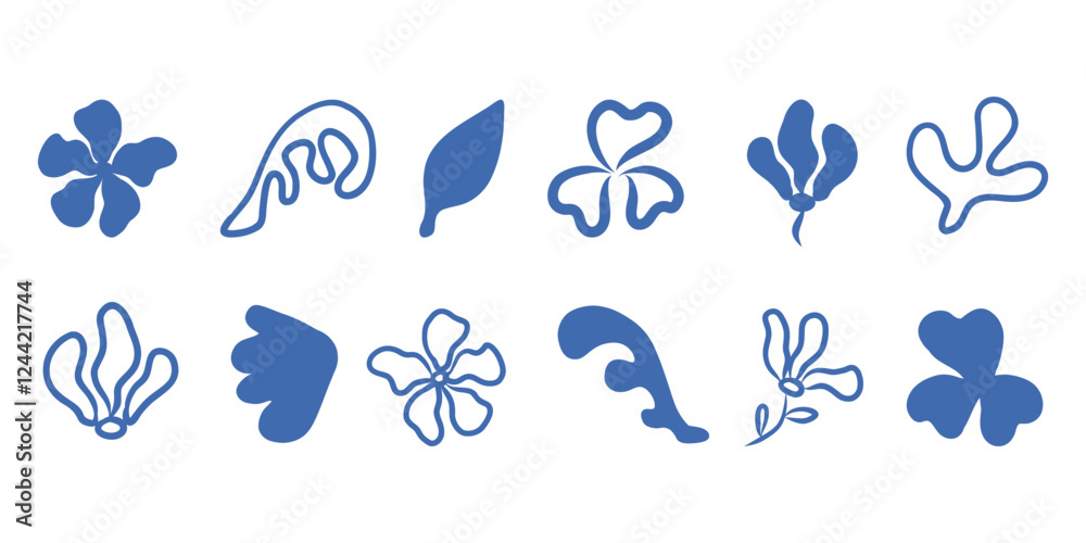 Fototapeta premium Blue leaves set, foliage set. Hand drawn blue nature clip art