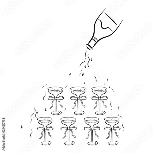 Champagne tower doodle illustration, wedding party. Wine glass pyramid, celebration icon.