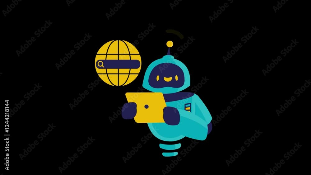 robot toy search on internet technology business concept animation on black background