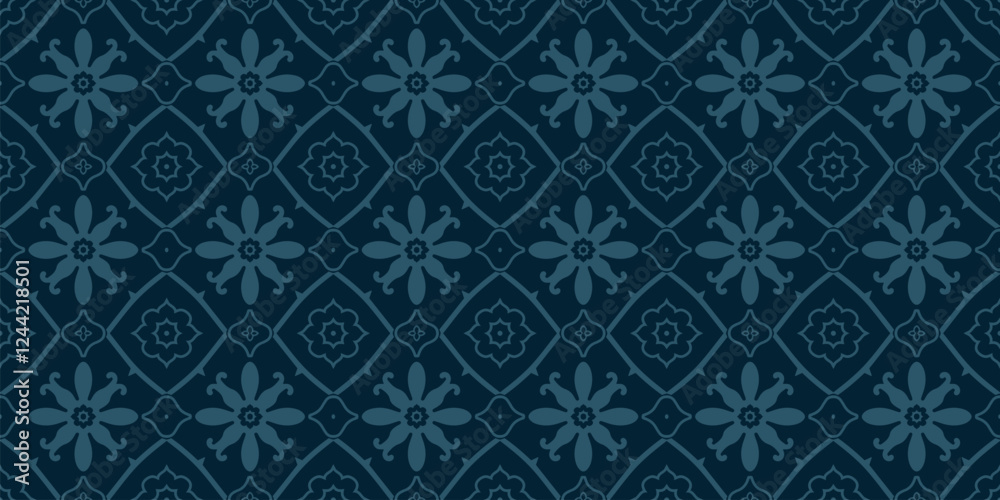 Vector floral seamless pattern with ethnic folk motifs. Simple dark blue abstract geometric ornament texture with cute flowers, repeat tiles. Retro vintage style background. Subtle repeated design Vector floral seamless pattern with ethnic folk motifs. Simple dark blue abstract geometric ornament texture with cute flowers, repeat tiles. Retro vintage style background. Subtle repeated design