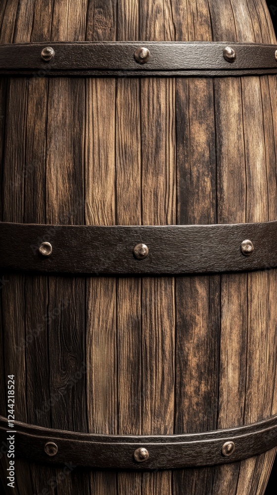 Fototapeta premium Detailed Close-up of a Vintage Wooden Barrel with Intricate Metal Bands