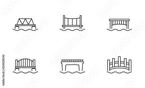 Set of Bridges icon, beam and truss, cantilever, tied arch, suspension, cable stayed thin Symbol Outline icon, Editable Stroke