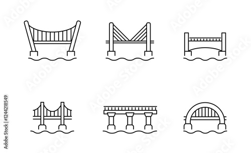 Set of Bridges icon, beam and truss, cantilever, tied arch, suspension, cable stayed thin Symbol Outline icon, Editable Stroke