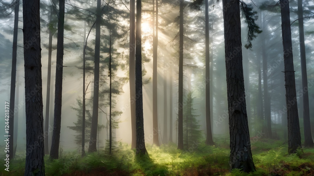 Obraz premium Morning fog in the forest, sun shines through pine tree trunks, outdoor nature photo