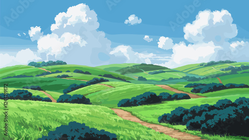 Rolling Green Hills Landscape with Dirt Paths