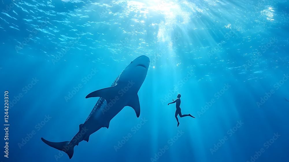 Fototapeta premium Giant Shark Powerfully Navigating the Ocean Depths 