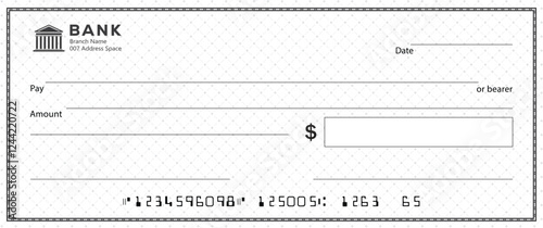 Bank check, vector blank money cheque, checkbook template with guilloche pattern and fields. Currency payment coupon, money check background