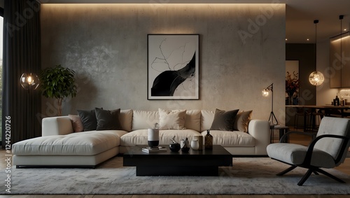  Modern living room with sectional couch, black coffee table, and lounge chair in neutral tones with warm lighting and abstract art