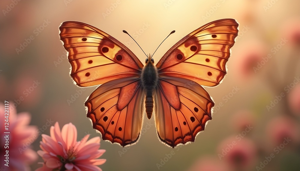 Fototapeta premium A delicate butterfly ornate handlebar mustache shaped wings, fluttering against a spring background