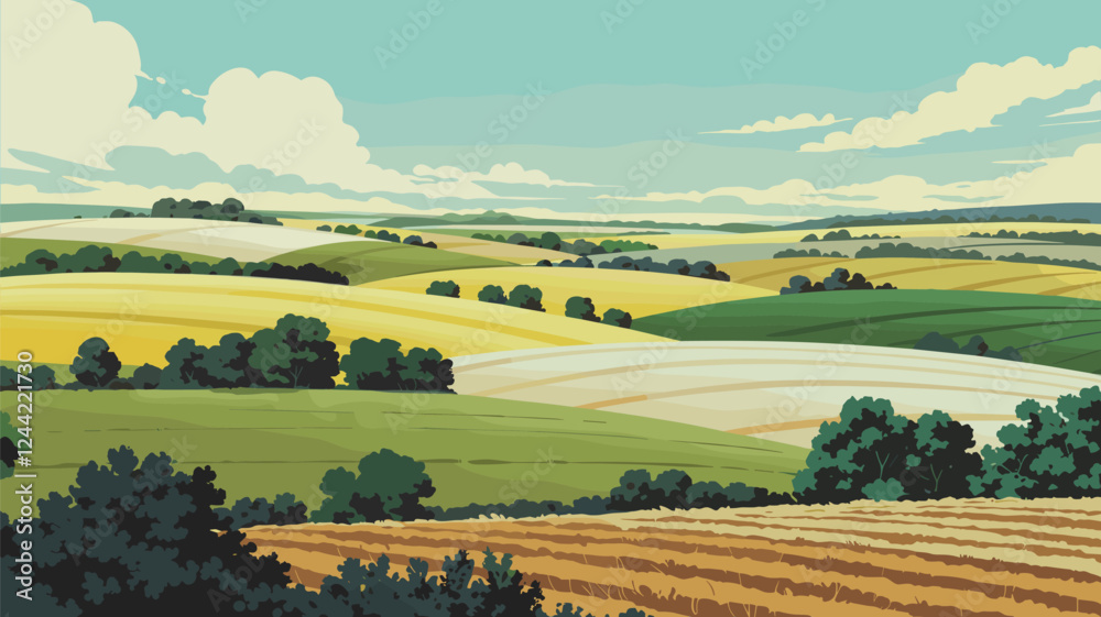 Fototapeta premium Flat Rural Landscape with Rolling Hills