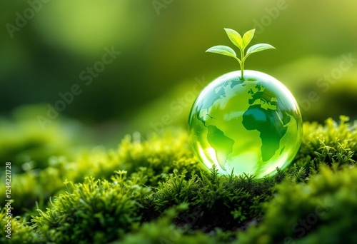 Glass globe with green continents and growing plant on moss. Environmental conservation and sustainable development symbol. Earth day concept with nature background photo