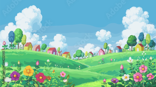 Cartoon Landscape with Houses and Flowers