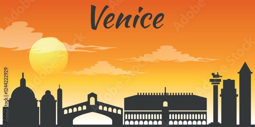 Sunset over Venice showcasing the city's iconic skyline with historical landmarks and warm hues of evening sky