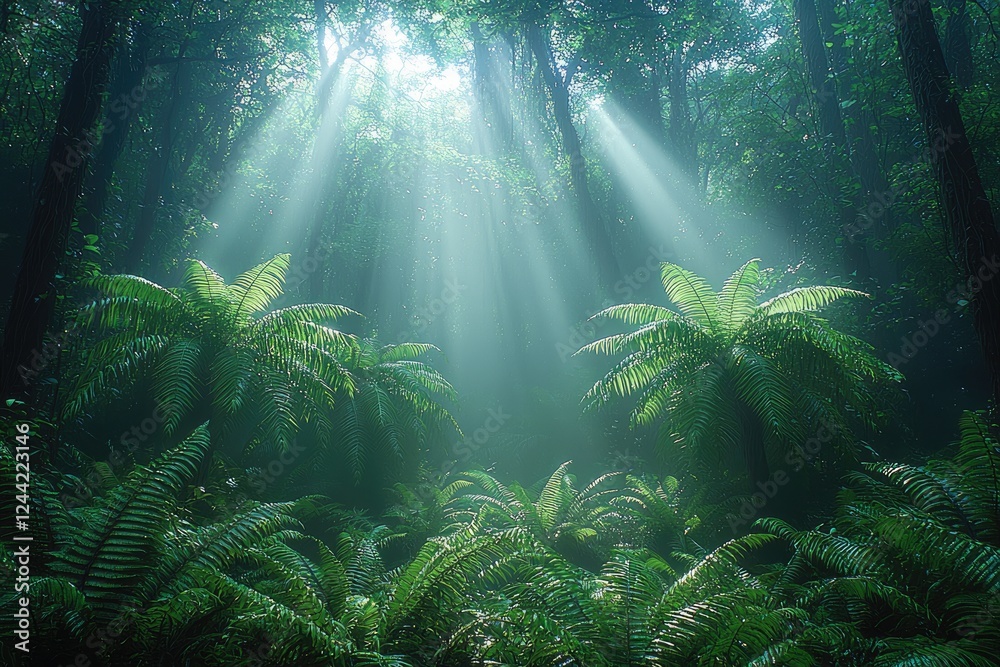 Fototapeta premium Sunbeams Illuminate Lush Green Forest Canopy