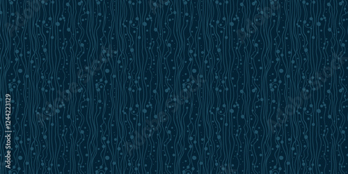 Vector abstract doodle lines background. Dark blue seamless pattern with funky hand-drawn style vertical stripes, threads, dots, organic shapes. Subtle minimal texture. Simple modern repeating design