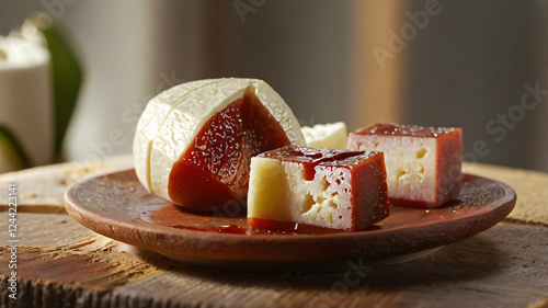 Guava jam with sliced white ​​cheese on the table. Romeo e Julieta, a typical Brazilian sweet. photo