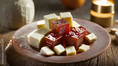 Guava jam with sliced white ​​cheese on the table. Romeo e Julieta, a typical Brazilian sweet. photo