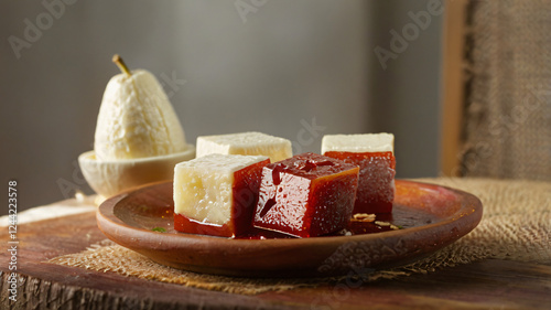 Guava jam with sliced white ​​cheese on the table. Romeo e Julieta, a typical Brazilian sweet. photo