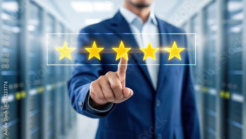 Businessman Selecting Five Stars, Customer Review and Rating Concept