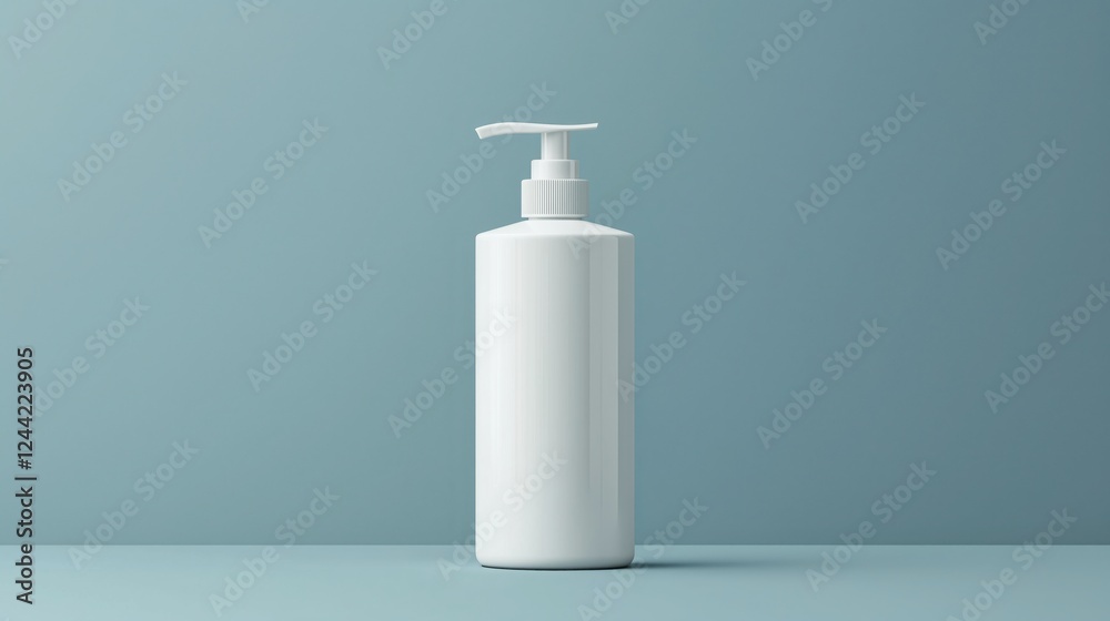 A white bottle with a pump head for shampoo, front view, simple background, high-end texture A white bottle with a pump head for shampoo, front view, simple background, high-end texture