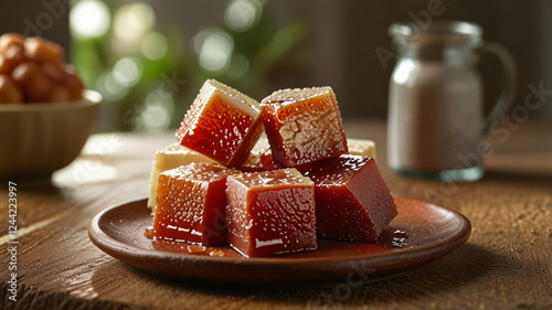 Guava jam with sliced white ​​cheese on the table. Romeo e Julieta, a typical Brazilian sweet. photo