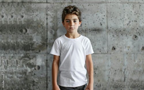 Young man in white t-shirt standing against textured concrete wall