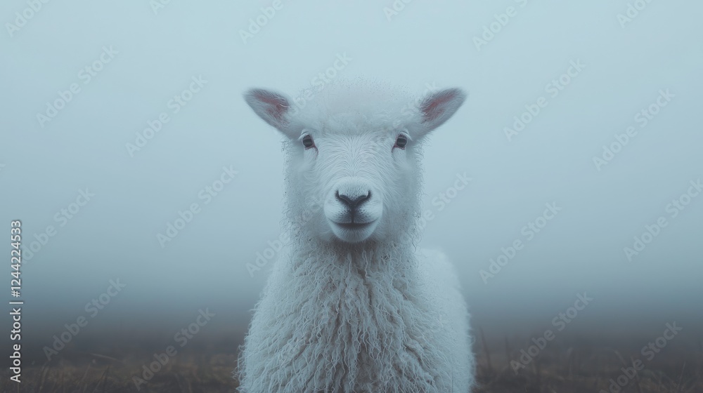 Obraz premium Foggy field, lamb portrait, serene landscape, calm mood, nature photography