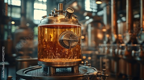 A gleaming fermentation tank filled with bubbling liquid in a rustic brewery setting, showcasing the brewing process photo