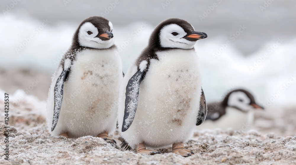 Obraz premium Two gentoo penguin chicks on snowy beach, ocean background; wildlife conservation