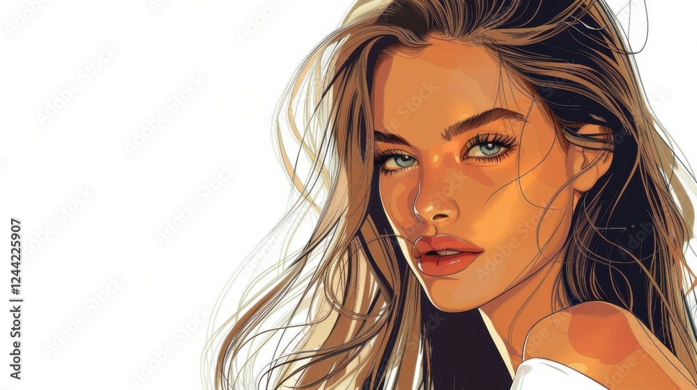 Beautiful woman’s portrait captured in a modern and vibrant drawing. Beautiful woman’s portrait captured in a modern and vibrant drawing.