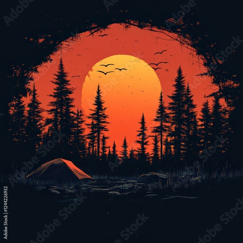 Silhouette vector of a tent and pine trees against a sunset gradient background.