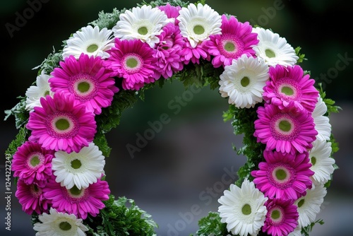 Vibrant pink and white daisy wreath with lush green leaves photo