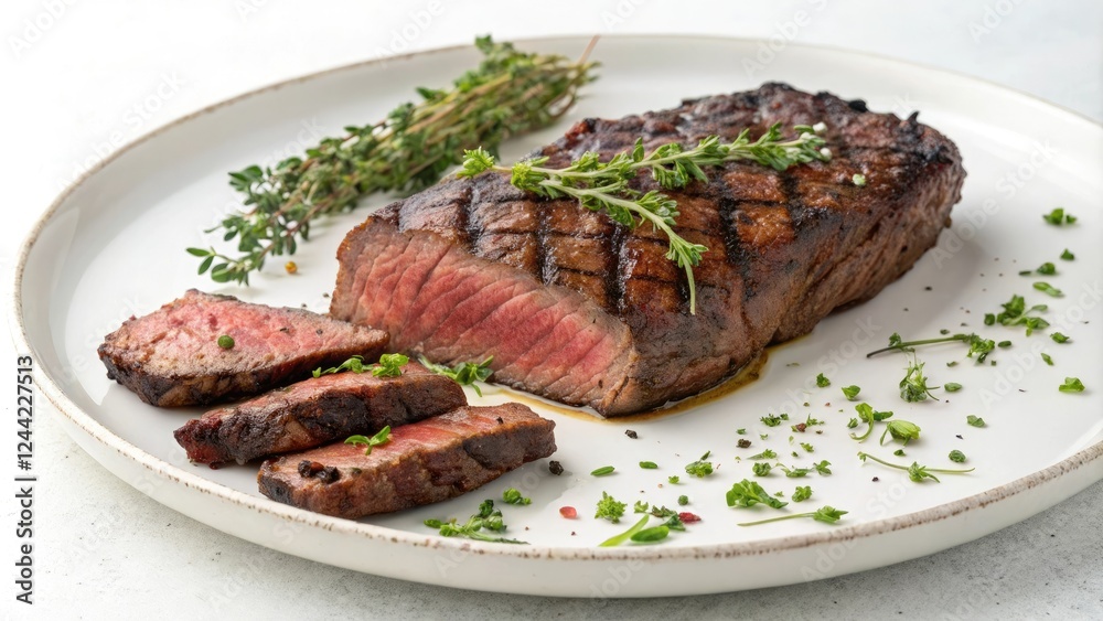 Perfectly cooked skirt steak on a plate with a sprinkle of fresh herbs, steak, ribeye, food styling Perfectly cooked skirt steak on a plate with a sprinkle of fresh herbs, steak, ribeye, food styling