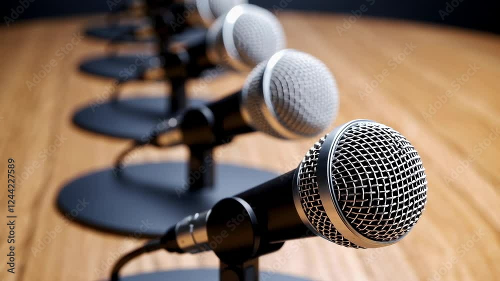 Multiple microphones stand on a wooden table in a slow motion sequence, creating a sense of anticipation for a podcast, interview, or conference Multiple microphones stand on a wooden table in a slow motion sequence, creating a sense of anticipation for a podcast, interview, or conference