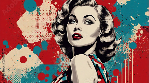 1950s pin-up style woman in pop art design with bold red lips and abstract background