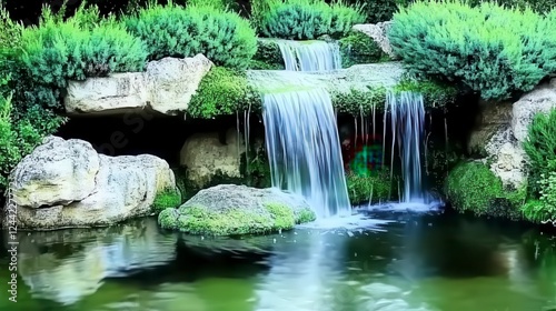 Serene Waterfall cascading down rocks in a tranquil garden.  A picturesque water feature in a natural stone setting.  A peaceful escape in nature's embrace.