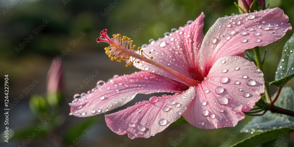 Pink hibiscus flower is covered in thousands of dew drops that sparkle like diamonds in the early morning sunlight, pink hibiscus flower, outdoor setting, sparkles, plant life Pink hibiscus flower is covered in thousands of dew drops that sparkle like diamonds in the early morning sunlight, pink hibiscus flower, outdoor setting, sparkles, plant life