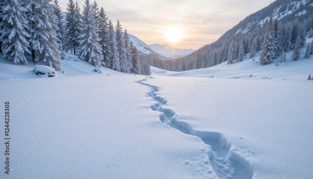 A golden, sun-drenched winter path winding through a snowy mountain valley A golden, sun-drenched winter path winding through a snowy mountain valley