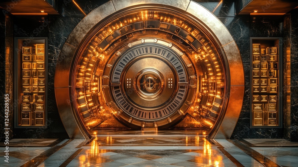 Fototapeta premium A grand vault door set in a luxurious, illuminated environment.