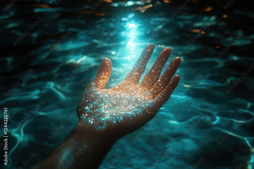 Fototapeta premium A magical, glowing ocean scene where bioluminescent plankton create a sparkling path behind a swimmer’s hand, copy space background