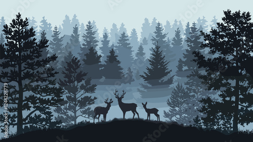 Deer in Misty Forest Silhouette