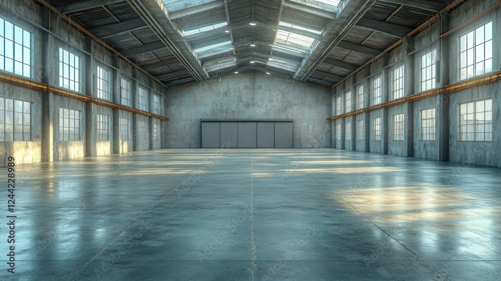Fototapeta premium Empty warehouse interior, sunlight, concrete floor, industrial space, rental
