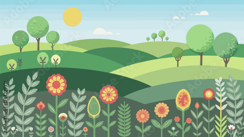 Stylized Landscape with Rolling Hills and Flowers