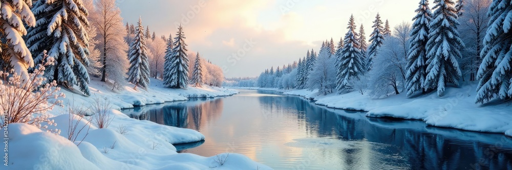 River with ice and snow-covered trees in autumn, snow, kamchatka River with ice and snow-covered trees in autumn, snow, kamchatka