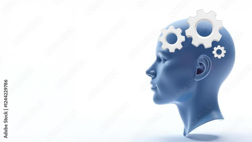 Blue glossy figure of human head with white gears and space for text. Thinking process, innovation, artificial intelligence and technology. Seamless Loop animation Blue glossy figure of human head with white gears and space for text. Thinking process, innovation, artificial intelligence and technology. Seamless Loop animation