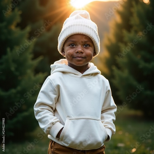 White kids sweatshirt mockup, front view. Little African American boy in a beanie hat stands against the background of the forest