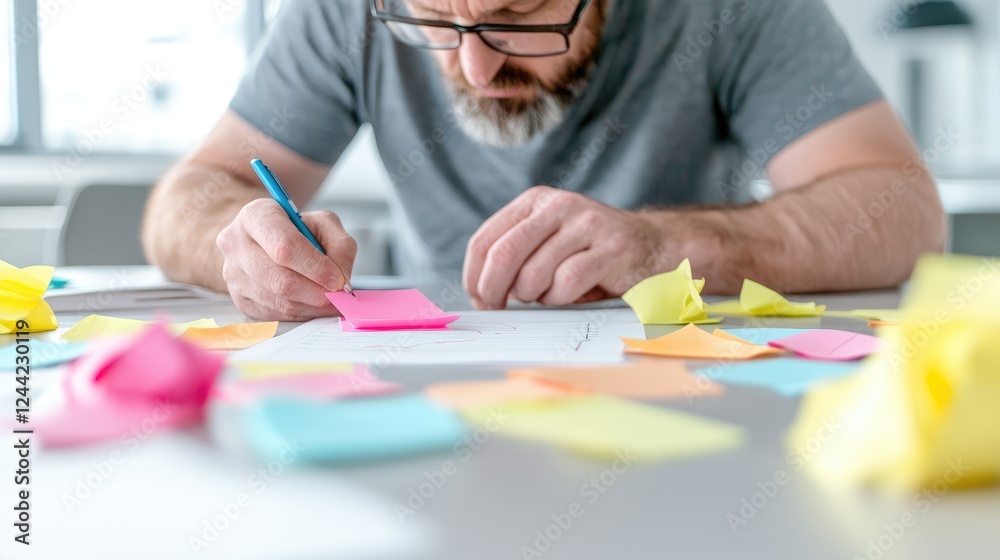 Man planning project, writing notes, office Man planning project, writing notes, office