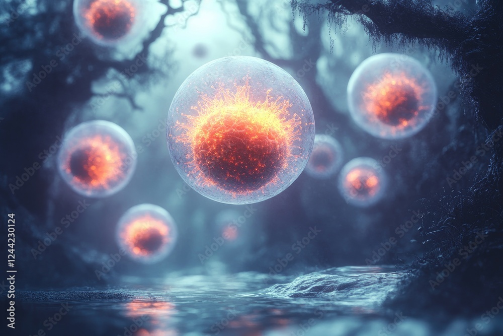 Obraz premium A surreal, cosmic-like representation of microbial life floating through a liquid environment, resembling tiny alien worlds, copy space background