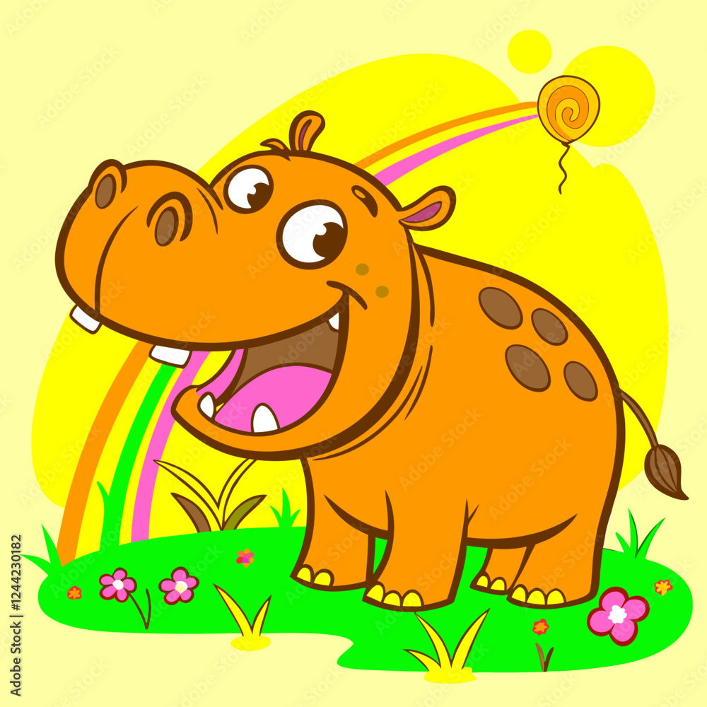 Obraz premium Cheerful Orange Hippo Cartoon Illustration: Kids' Design, Rainbow Background.